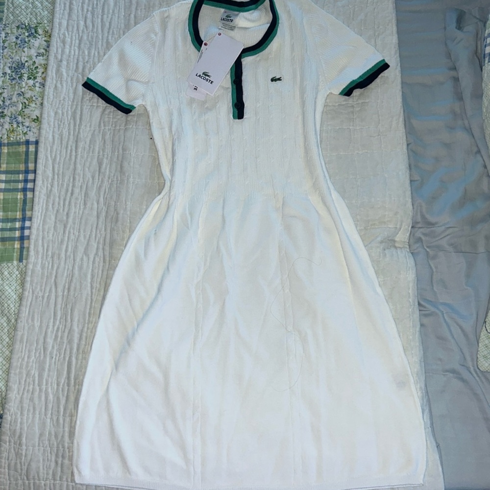 BRAND NEW white 100% cotton Lacoste dress with navy and green detailing